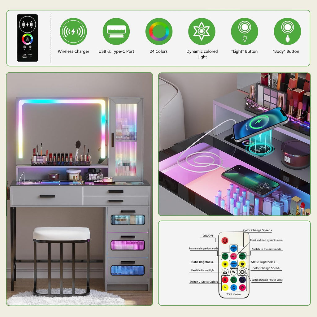 WOOVIVS Vanity with LED Mirror, Makeup Desk with 24 RGB Atuo Lighted Drawers for Bedroom, Glass Top Vanities Table Set with Wireless Charging Station, Chair,Jewelry Organizer for Girls/Women (Grey)