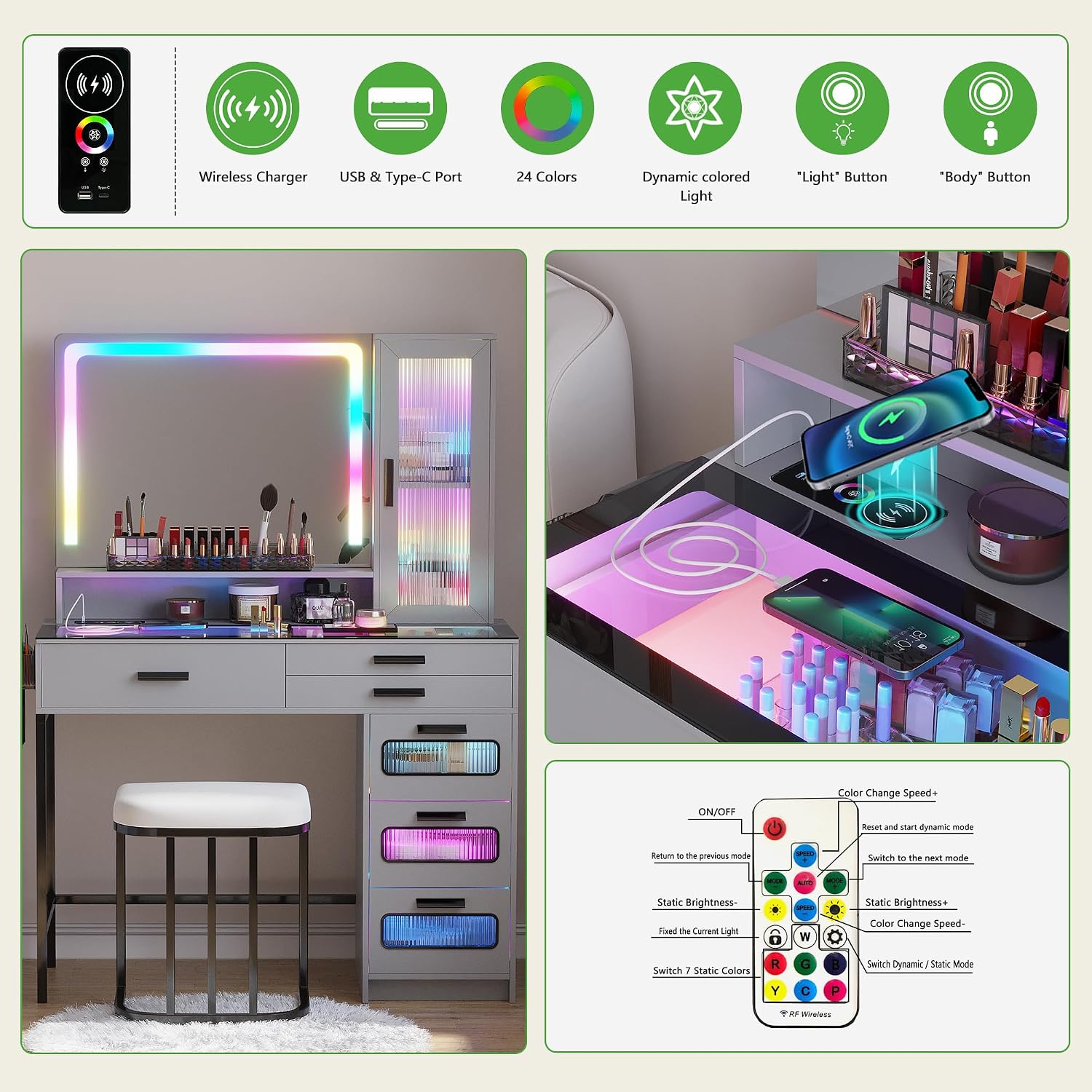 WOOVIVS Vanity with LED Mirror, Makeup Desk with 24 RGB Atuo Lighted Drawers for Bedroom, Glass Top Vanities Table Set with Wireless Charging Station, Chair,Jewelry Organizer for Girls/Women (Grey)