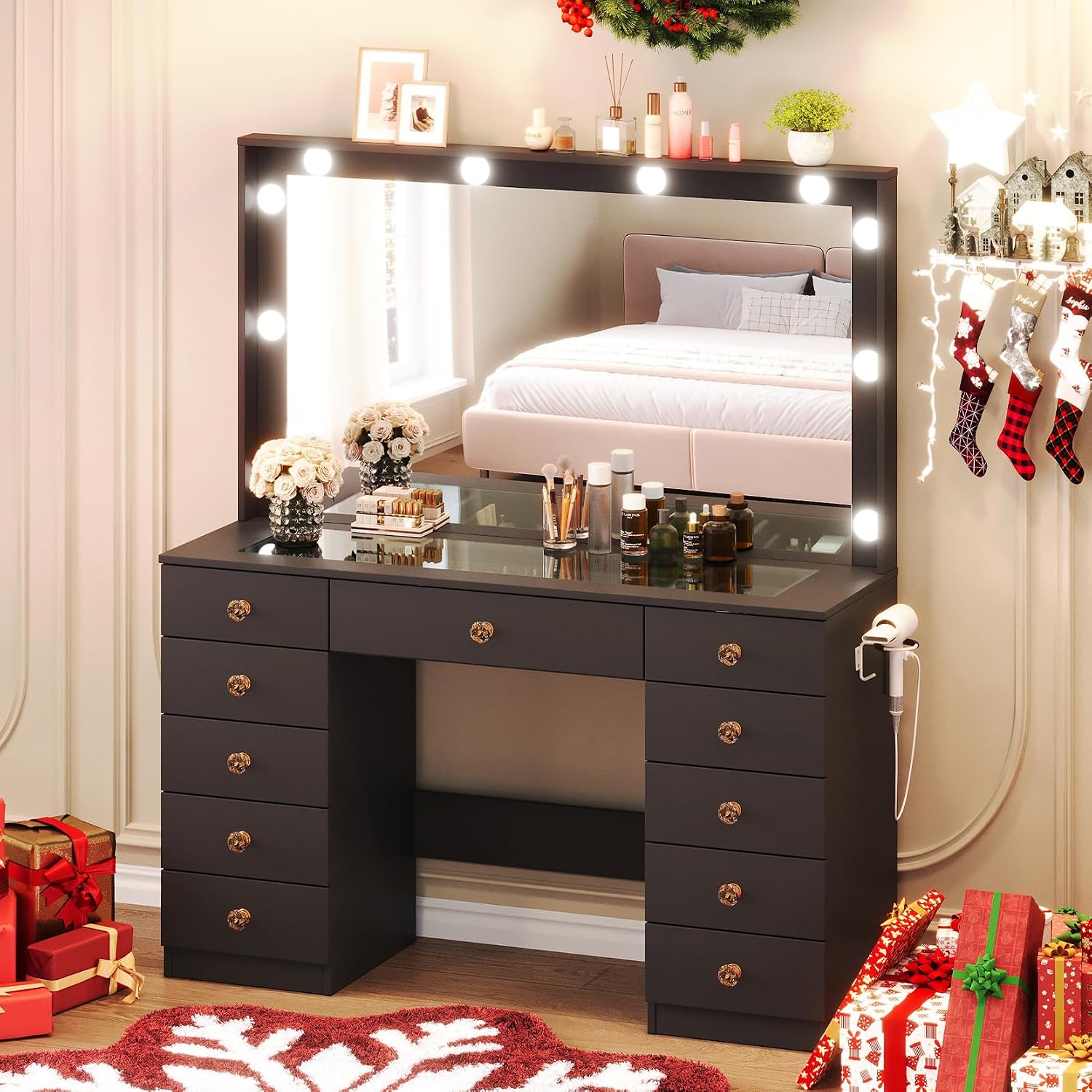 Vanity with Large Mirror and 10 LED Lights, Vanity Desk with Glasss Top, Makeup Desk with 11 Drawers & Power Outlet & Hair Dryer Stand, Dressing Table with Crystal Handles for Girls, Women (Black)