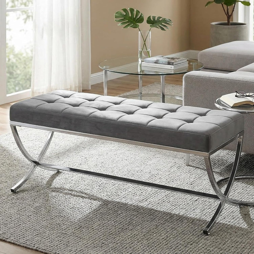 LukeAlon Modern Velvet Dining Bench, Button Tufted Ottoman Bench with X-Shape Chrome Finish Upholstered End of Bed Bench Comfy Entryway Bench for Bedroom Kitchen, Grey
