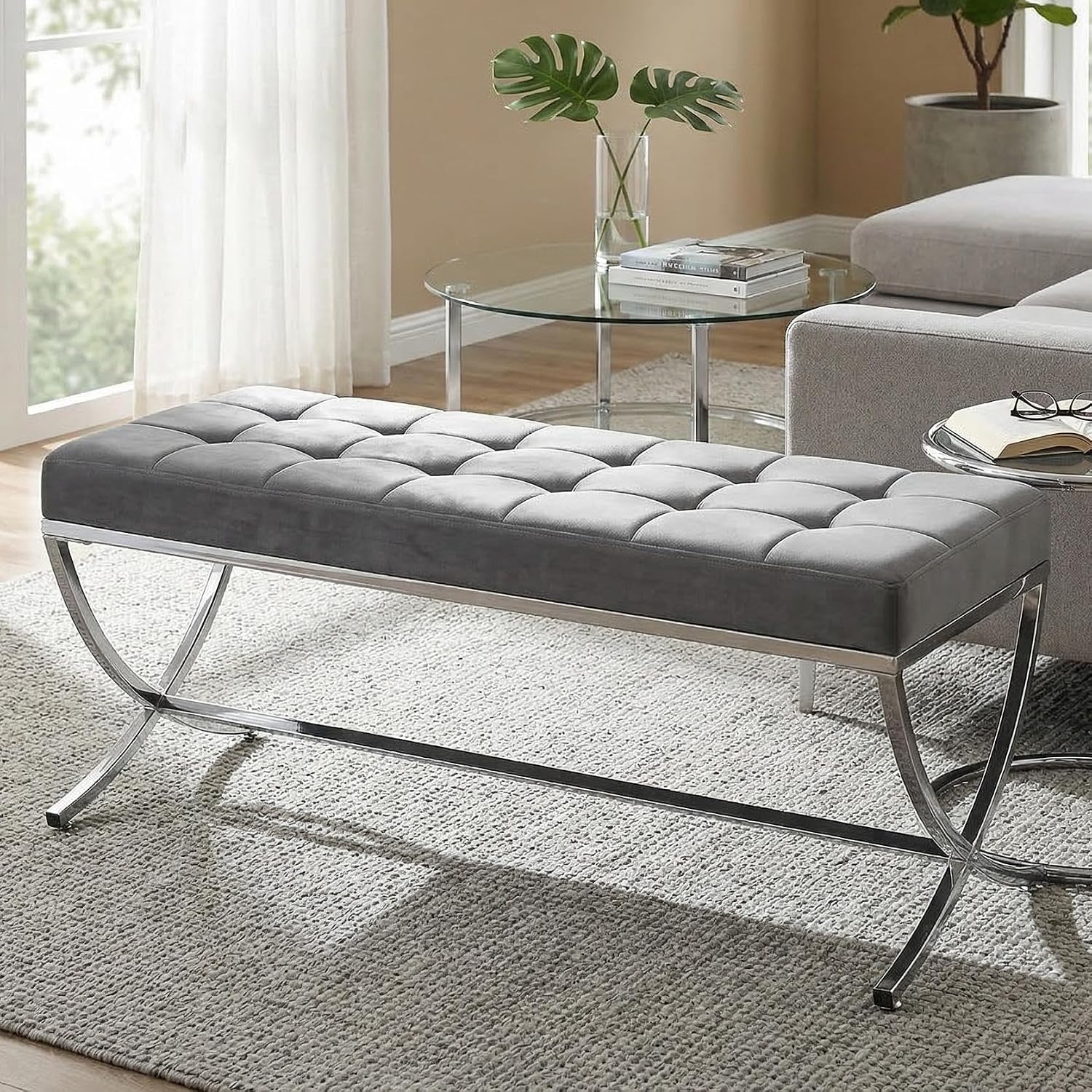 LukeAlon Modern Velvet Dining Bench, Button Tufted Ottoman Bench with X-Shape Chrome Finish Upholstered End of Bed Bench Comfy Entryway Bench for Bedroom Kitchen, Grey