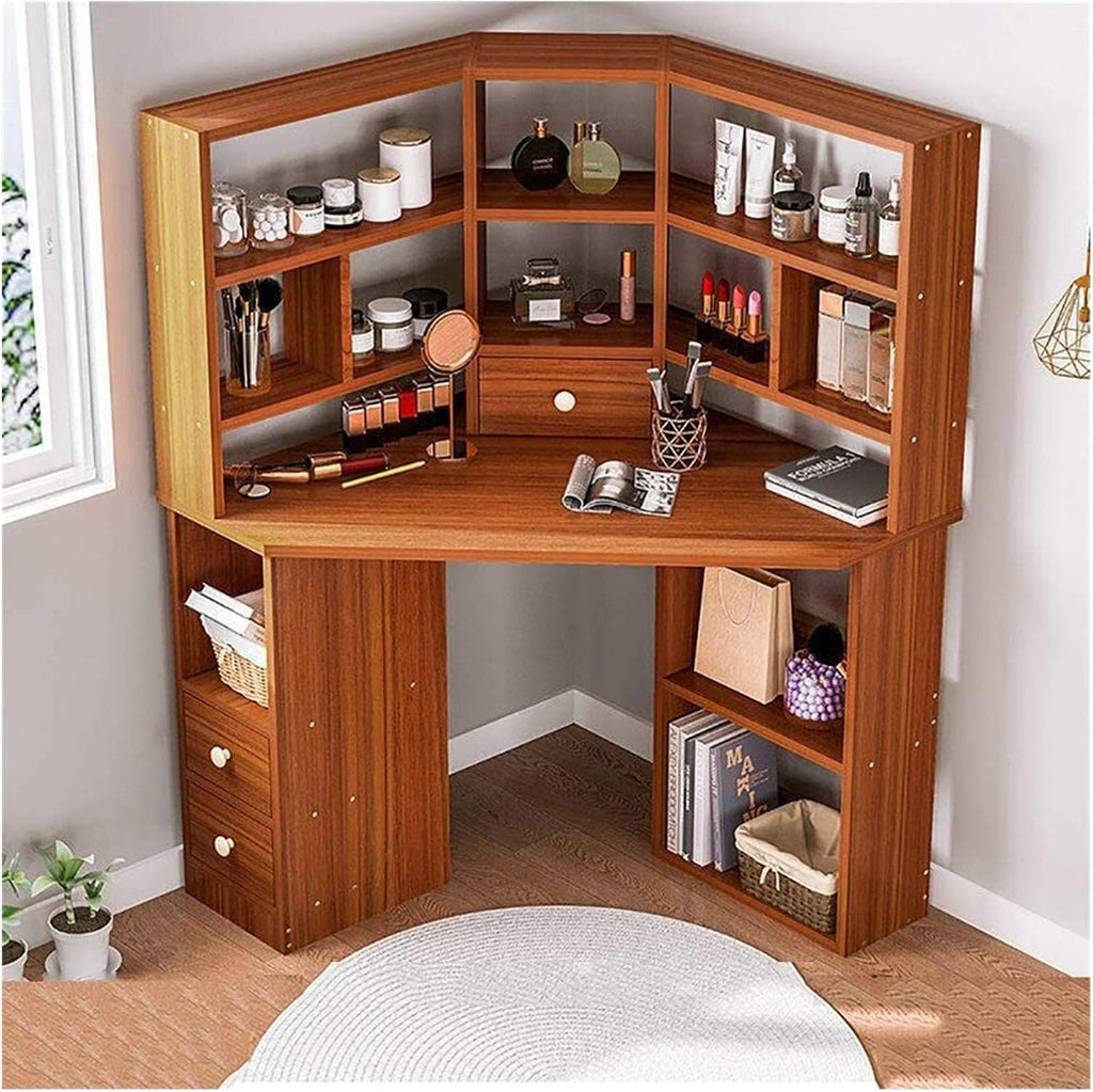 Luxury Dressing Vanity Table w/Stool for Bedroom, Corner Vanity Table, Solid Wood Dressing Table, Large Storage Organizer and Open Compartment, with Shelf Holder(E)