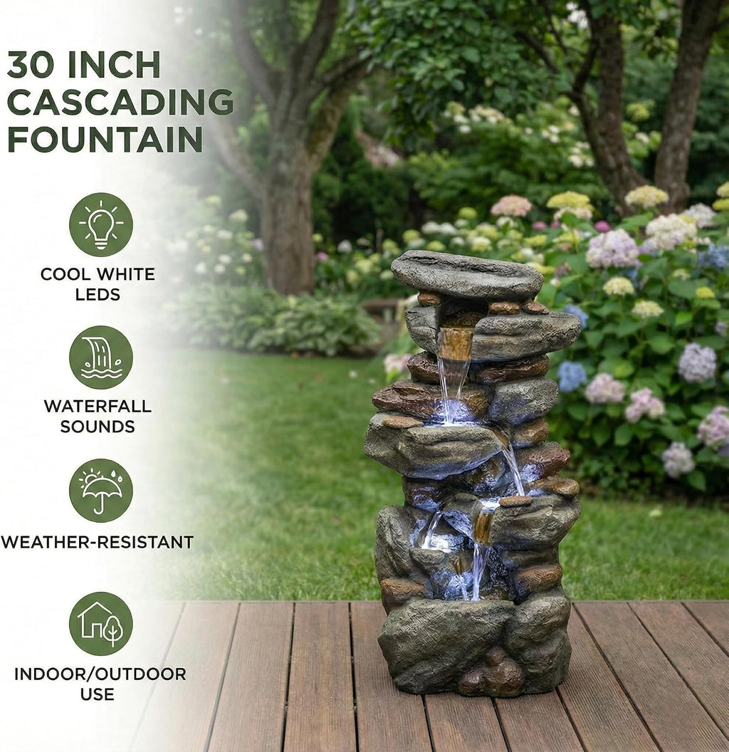 Outdoor Water Fountain Large - Stone Fountains with LED Light for Patio Yard Garden Backyard Decking Outdoor or Entryway Decor 30''