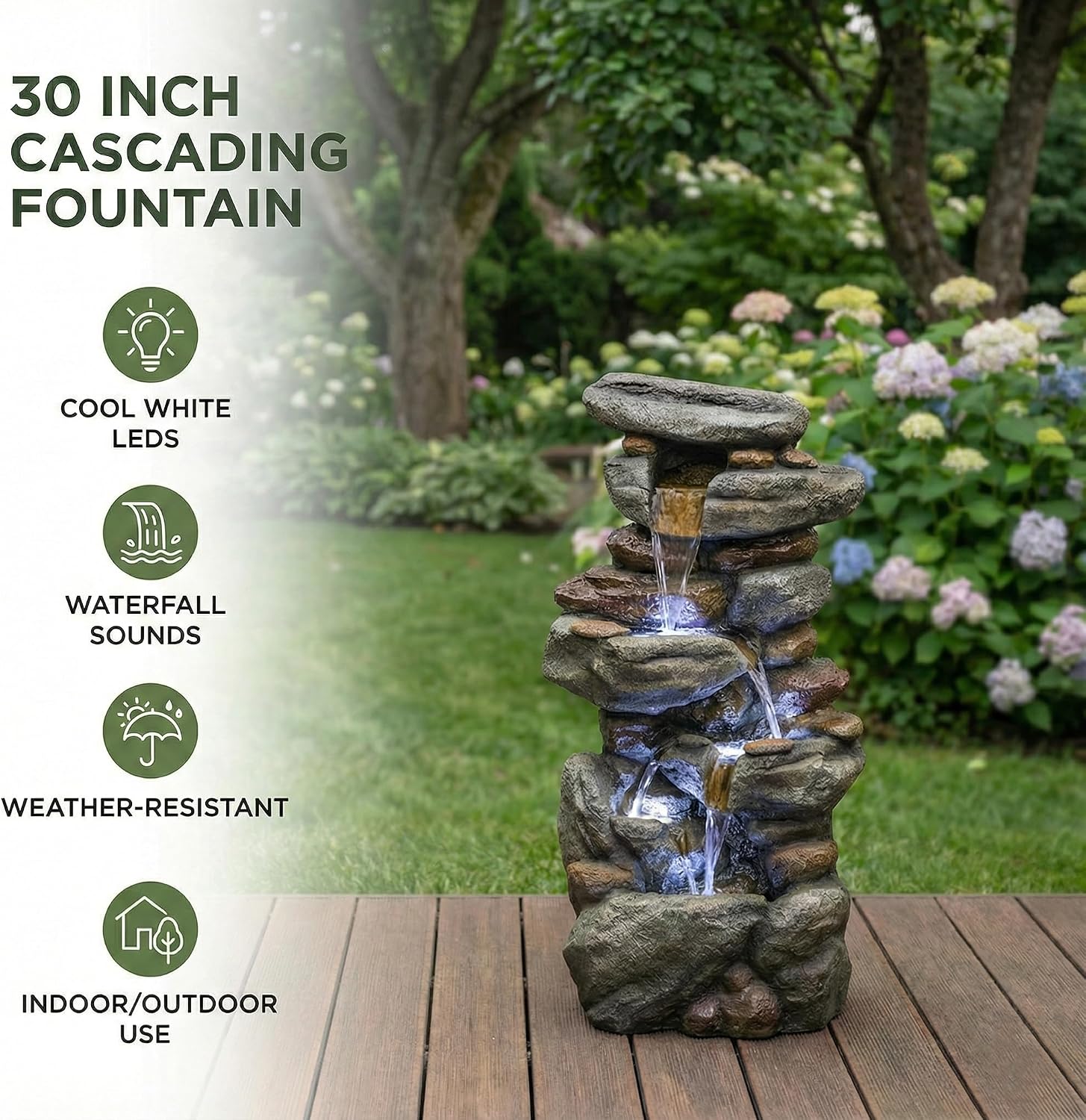 Outdoor Water Fountain Large - Stone Fountains with LED Light for Patio Yard Garden Backyard Decking Outdoor or Entryway Decor 30''