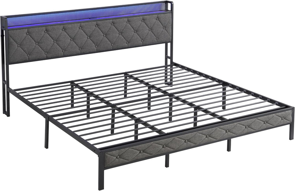 King Size Bed Frame with Storage Headboard, LED Lights and Charging Station, Upholstered Platform Bed with Heavy Metal Slats, Noise Free, No Box Spring Needed, Dark Gray