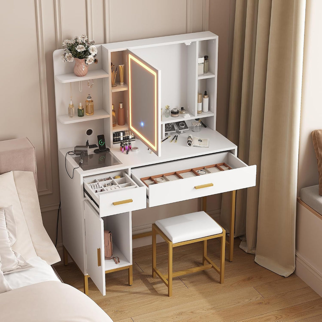 IDEALHOUSE Vanity Desk with Mirror and Lights, 42.5' Makeup Vanity Set with Stool, Makeup Table with Mirror Cabinet and Chair, Drawers & Shelves, Dressing Table with Outlet for Bedroom, White