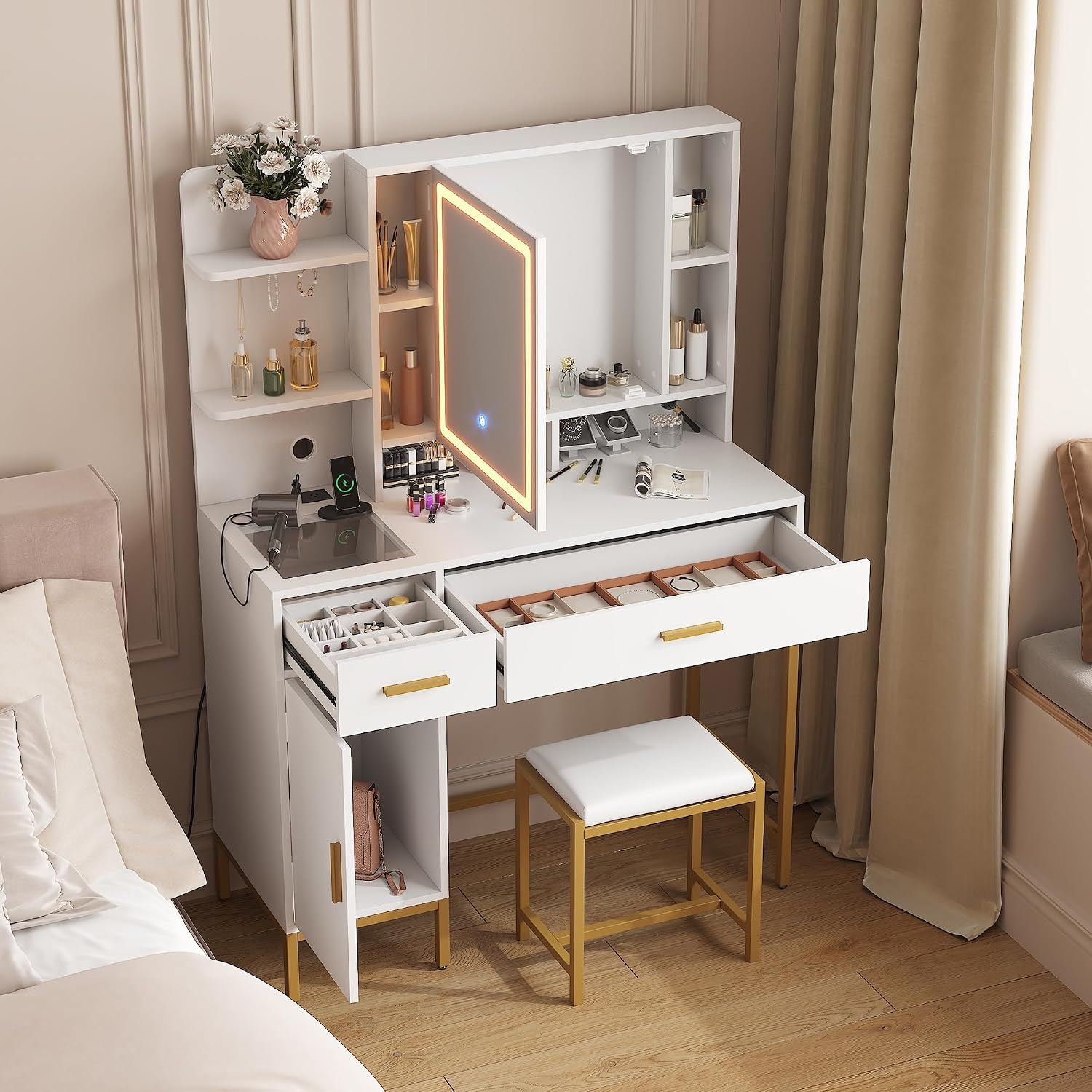 IDEALHOUSE Vanity Desk with Mirror and Lights, 42.5' Makeup Vanity Set with Stool, Makeup Table with Mirror Cabinet and Chair, Drawers & Shelves, Dressing Table with Outlet for Bedroom, White
