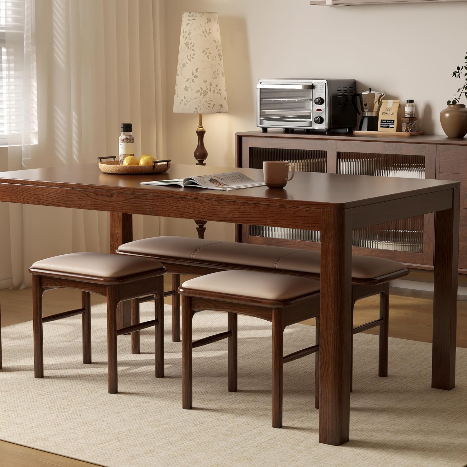 Solid Wood Leather Upholstered Dining Bench & Stool Set, 47.2'' Long Bench and 17.7'' Suqare Stool Set for Dining Table, Walnut Ottoman Footrest Bench Seat for Entryway Dining Bedroom, 3pcs