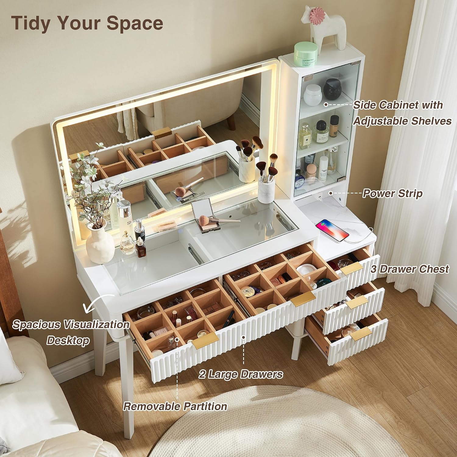 T4TREAM 48' Fluted Makeup Vanity Desk with Large 36' Mirror and Lights, Modern Glass Top Big Vanity Table with 5 Drawers & Adjustable Shelves, Dressing Table Set w/Charging Station for Bedroom, White