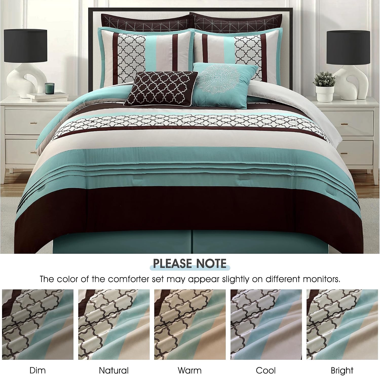 LANCO MODERN LIFESTYLE King Comforter Set, Aqua Brown Bedding Set, Jacquard Woven with Embroidery, 8 Pieces Bed in a Bag, Bed Skirt, Shams and Decorative Pillows