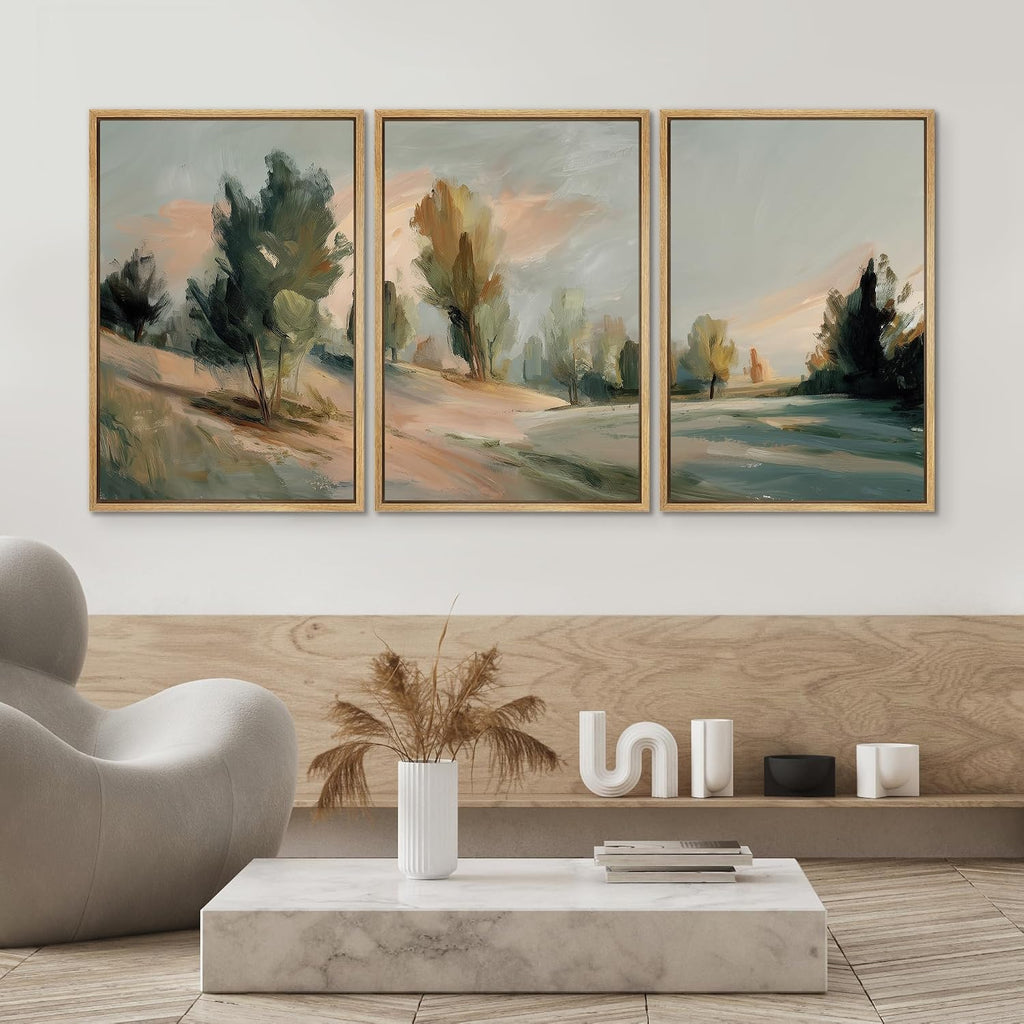 SIGNWIN Framed Canvas Print Wall Art Set Modern Countryside Landscape Abstract Trees and Field Illustrations Modern Art Decorative Rustic for Living Room, Bedroom, Office - 16'x24'x3 Natural