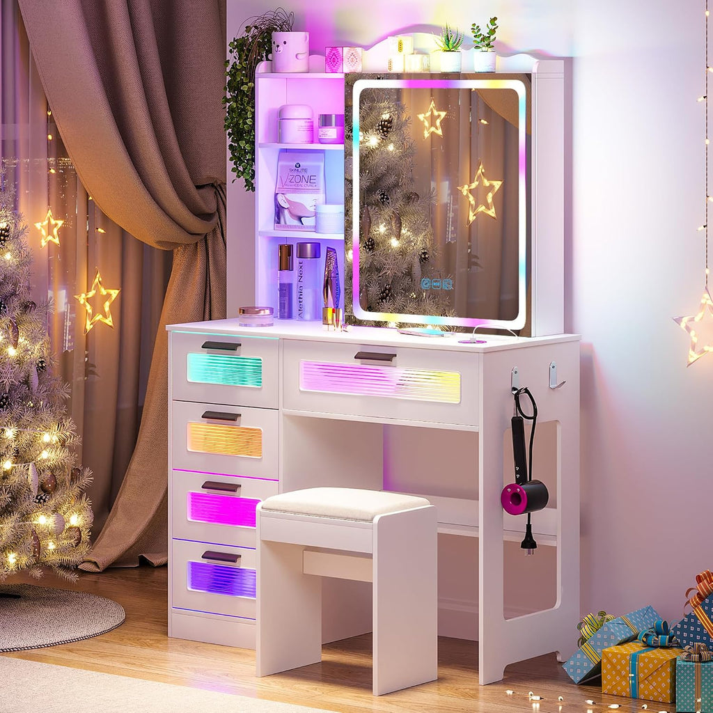 WOOVIVS Vanity with LED Mirror, 6 Drawer Dresser with Charging Station for Bedroom, Small Makeup Vanitys Table with RGB Light, Vanity Set with Chair,Jewelry Organizer for Girls-White