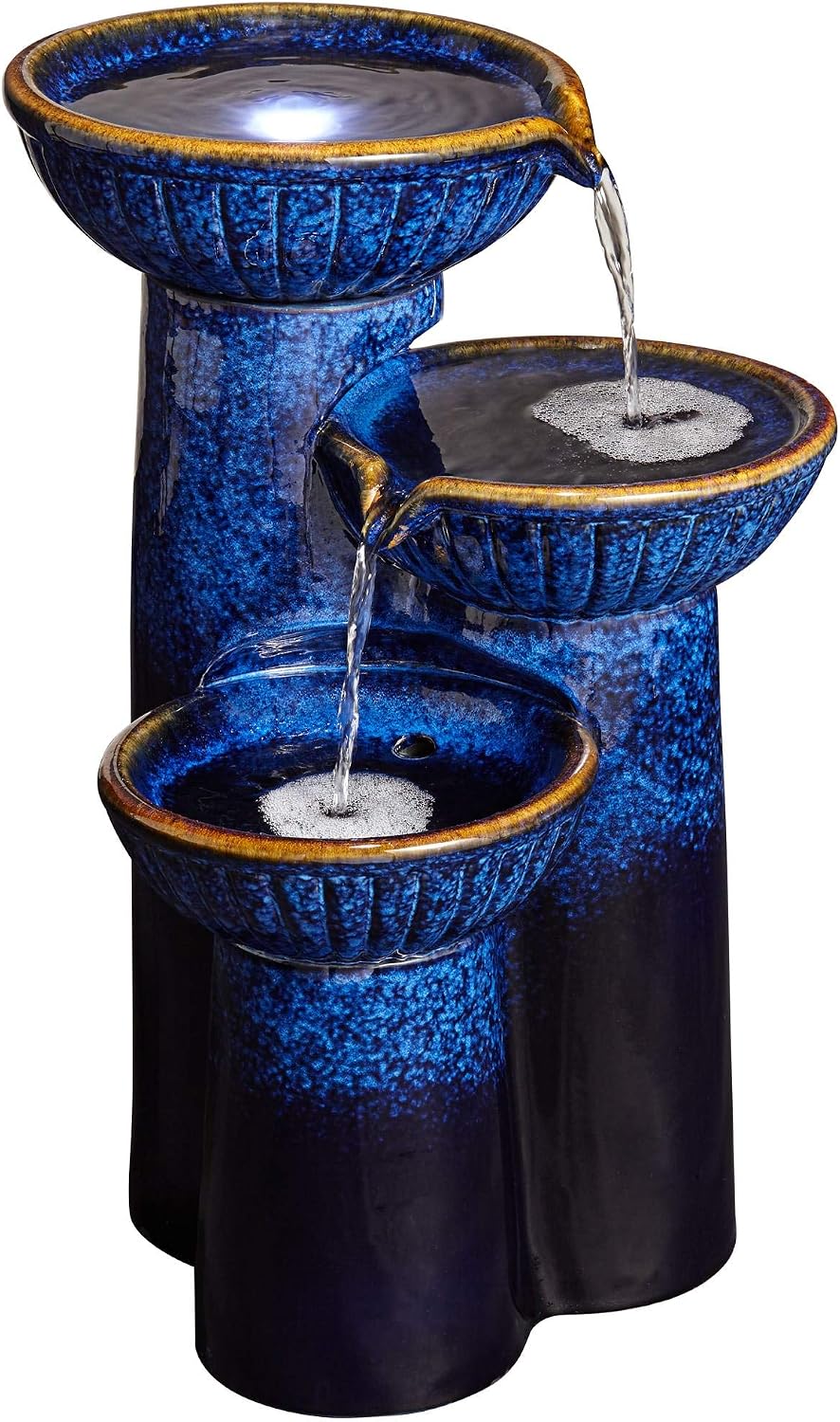 3-Bowl 26 3/4' High Large Modern Outdoor Decor Blue Cobalt Ceramic Floor Fountain with Light LED Standing Waterfall Tiered Water Feature for Outside Garden Patio Yard Backyard - John Timberland