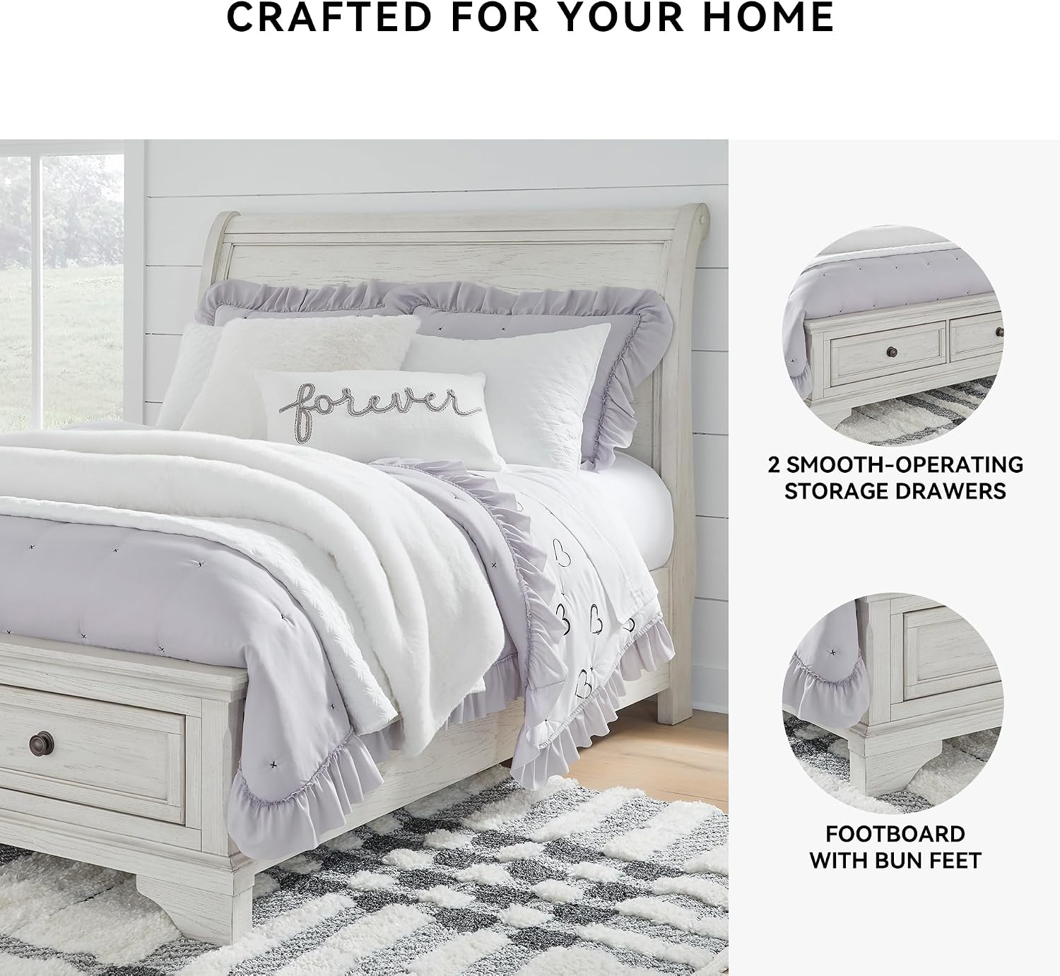Signature Design by Ashley Robbinsdale Casual Full Sleigh Storage Platform Bed with 2 Drawers, Foundation or Box Spring Not Needed, White