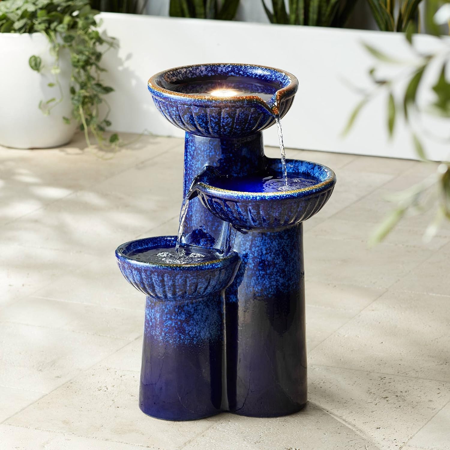 3-Bowl 26 3/4' High Large Modern Outdoor Decor Blue Cobalt Ceramic Floor Fountain with Light LED Standing Waterfall Tiered Water Feature for Outside Garden Patio Yard Backyard - John Timberland