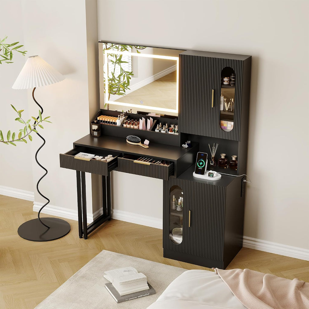 Garvee Fluted Vanity with Mirror and Lights, Wooden Vanity Desk, Makeup Table with Charging Station, Drawers & Storage Cabinets, Black