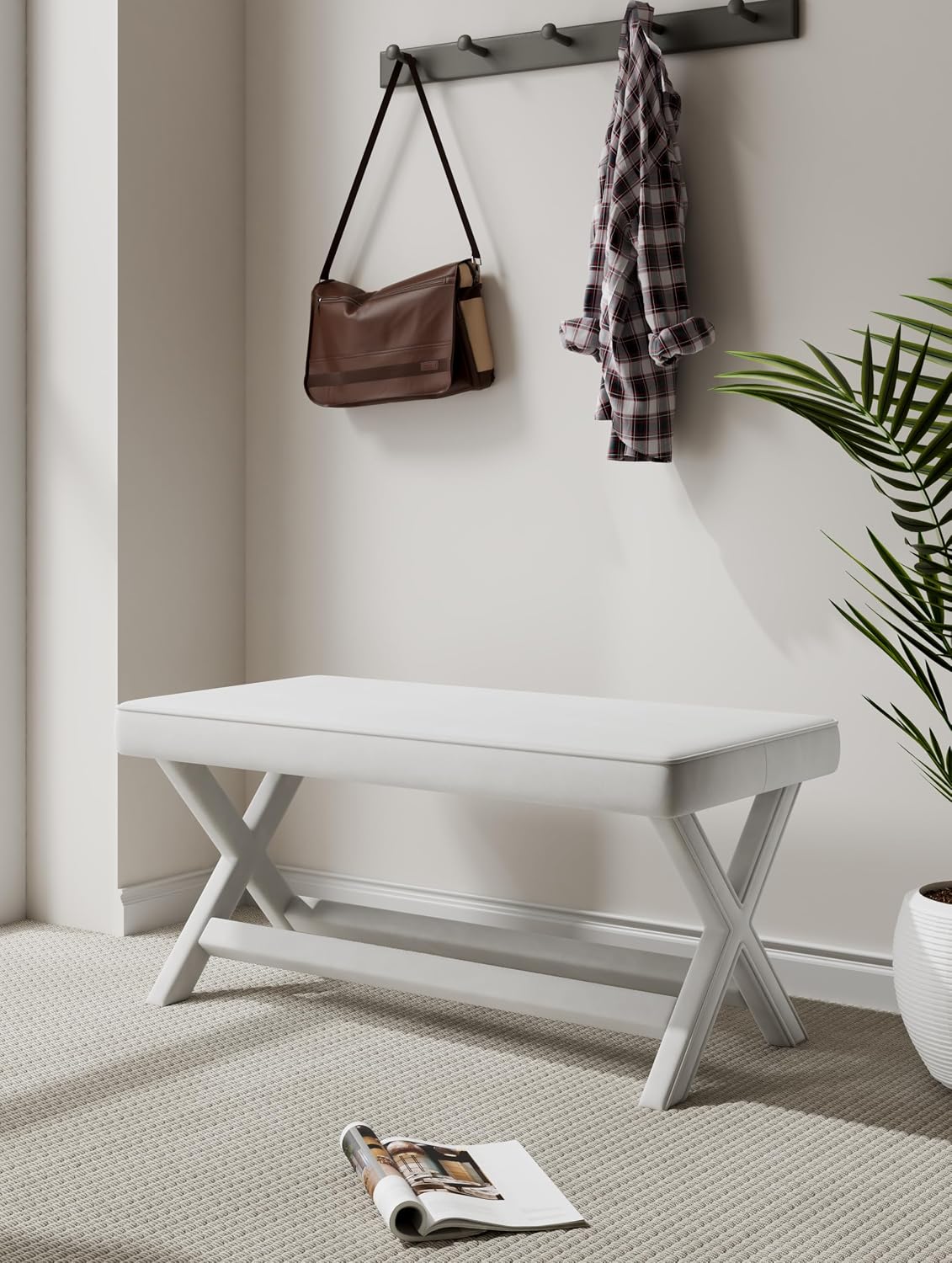 Manhattan Comfort Abigail Double Ottoman Bench Upholstered in Velvet Fabric, Luxurious Accent Vanity Stool with Stylish X-Crossed Legs, Solid Wood Frame, Plush Piped Cushion, Fully Assembled, Cream