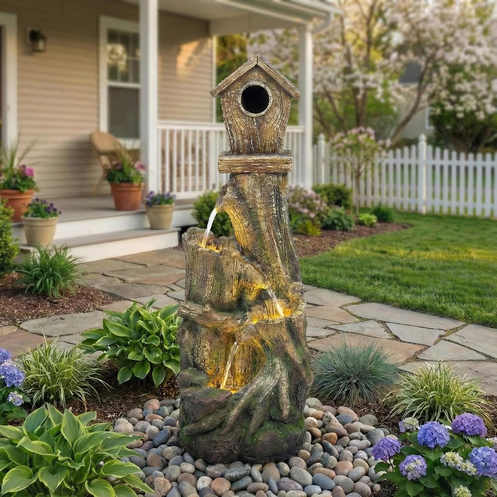 Outdoor Water Fountain with LED Lights – Charming Garden Patio Water Feature, Rustic Design, Weather-Resistant Fiberglass, Perfect for Backyards Outdoor Garden and Entryways