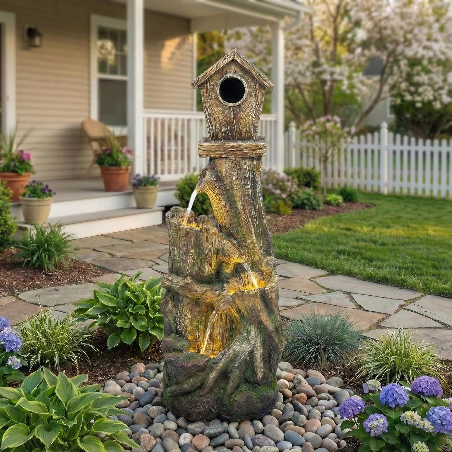Outdoor Water Fountain with LED Lights – Charming Garden Patio Water Feature, Rustic Design, Weather-Resistant Fiberglass, Perfect for Backyards Outdoor Garden and Entryways
