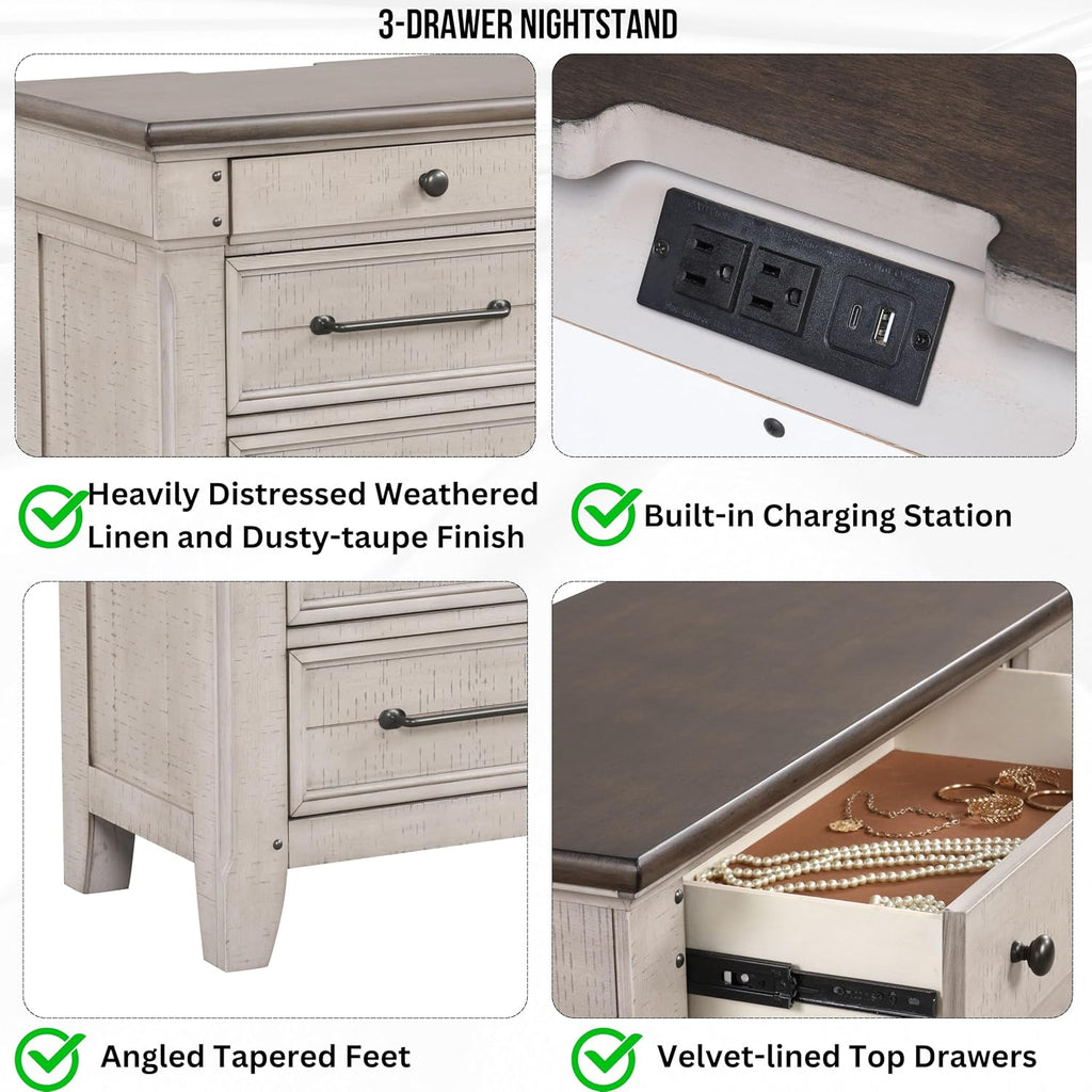 Roundhill Furniture Walcott 4-Piece Bedroom Set with Touch LED Lighting, Weathered Dusty-Taupe Finish, King