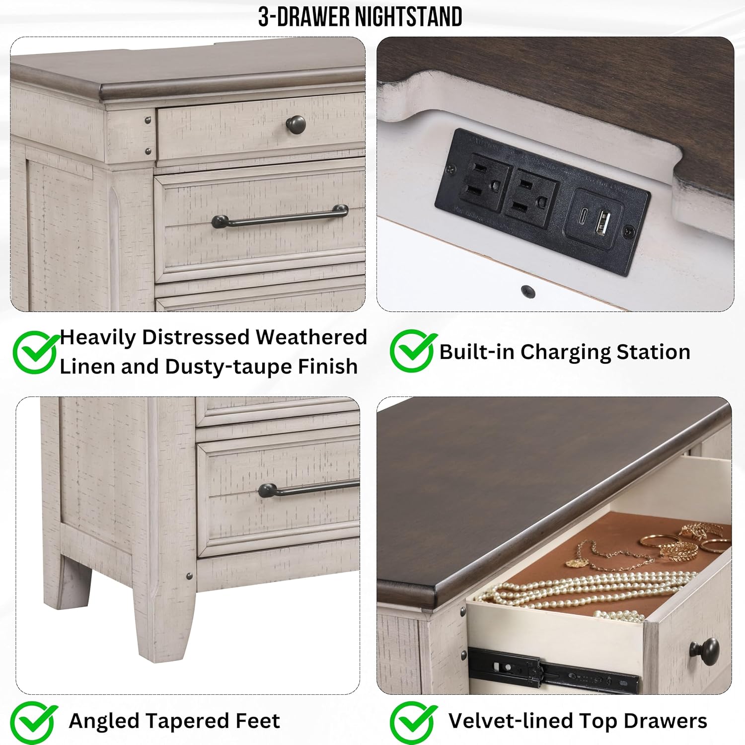 Roundhill Furniture Walcott 4-Piece Bedroom Set with Touch LED Lighting, Weathered Dusty-Taupe Finish, King