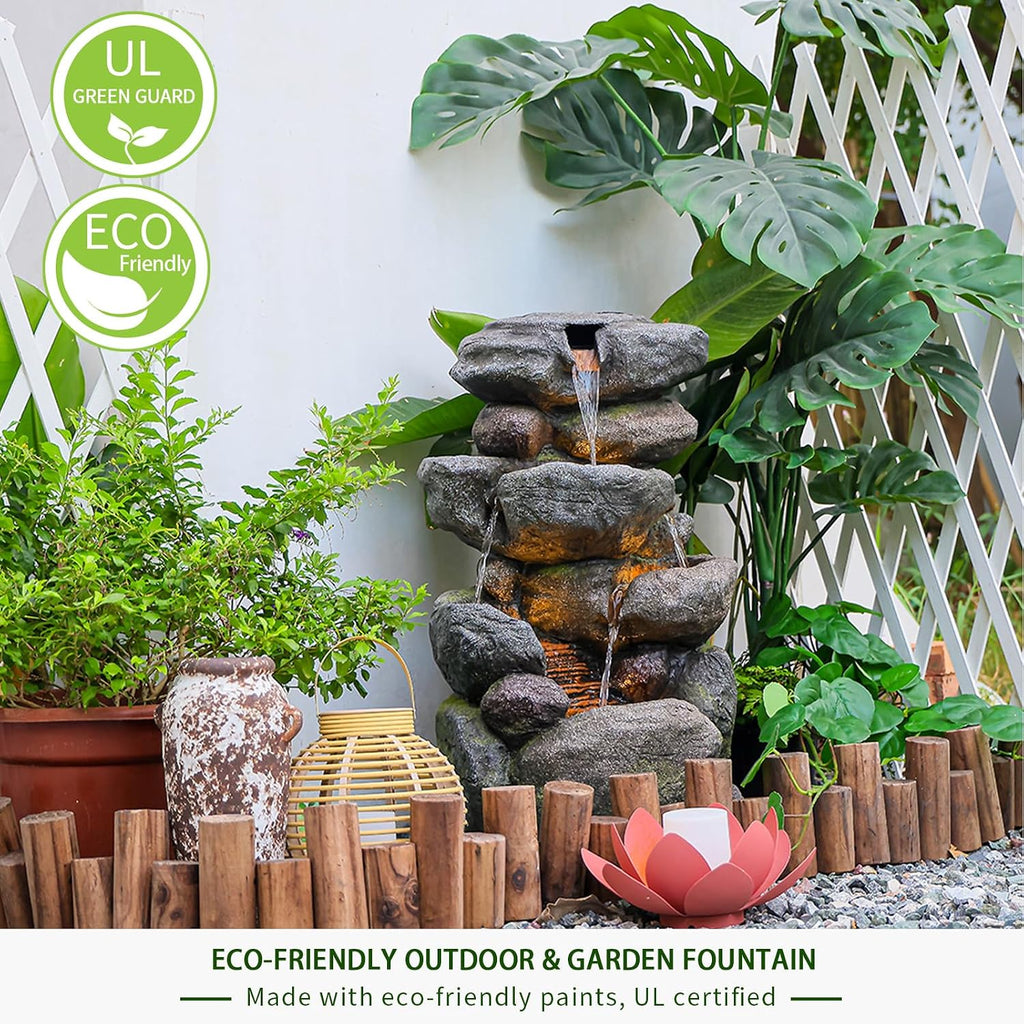 Bumilgar The 4-Tiered Water Fountain Outdoor&Indoor Fountain with Lights, 28.35' Waterfall Fountain for Garden, Patio, Yard, and Lawn, Natural Stone Look Water Features Outdoor Patio