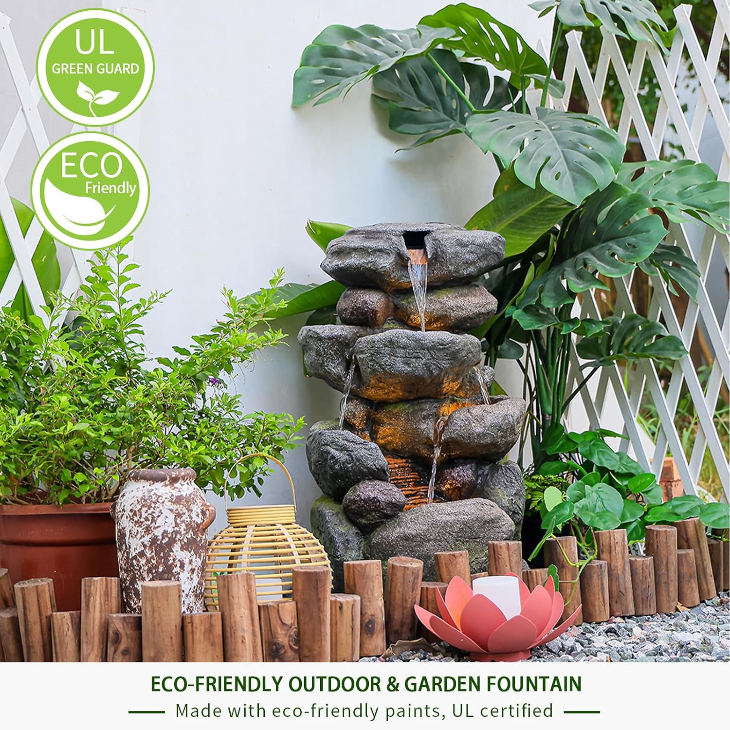 Bumilgar The 4-Tiered Water Fountain Outdoor&Indoor Fountain with Lights, 28.35' Waterfall Fountain for Garden, Patio, Yard, and Lawn, Natural Stone Look Water Features Outdoor Patio