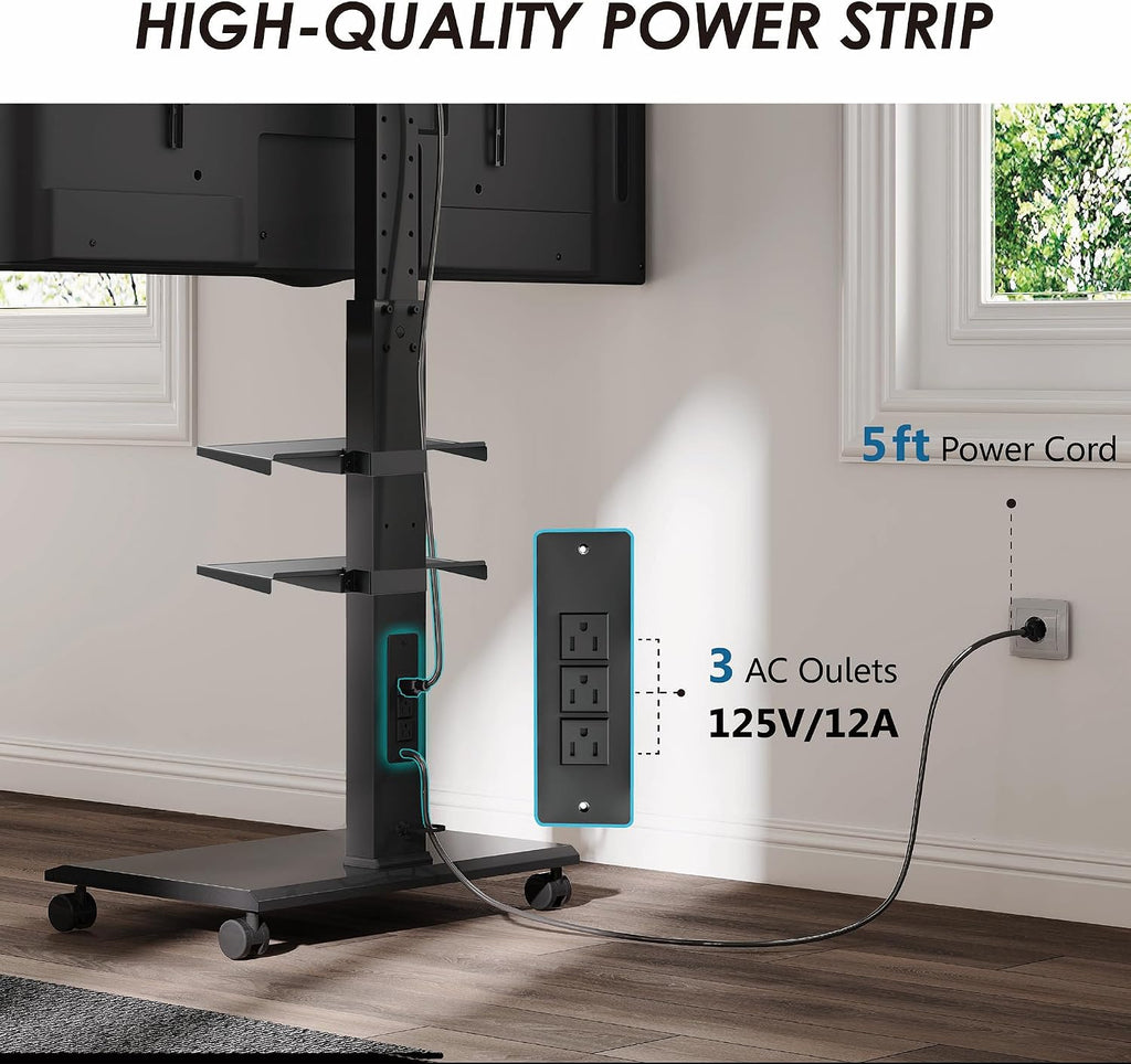 FITUEYES Rolling TV Stand for 32-75 Inch TVs, Portable Mobile TV Stand on Wheels with Power Outlet, Height Adjustable Rotating Floor TV Stands with Swivel Mount and Metal Base Hold Up to 88 Lbs, Black