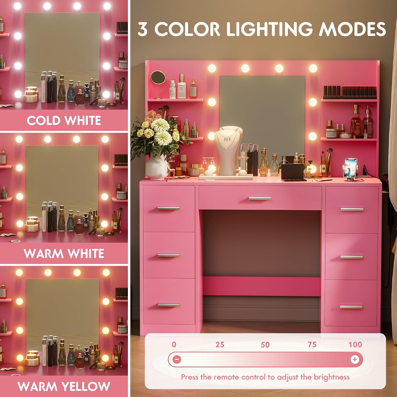 VICTONE Vanity Desk with LED Lighted Mirror&Power Outlet, 3 Model Lights Makeup Vanity Table with 7 Drawers and 6 Storage Shelves for Bedroom and Dressing Room (Dark Pink)