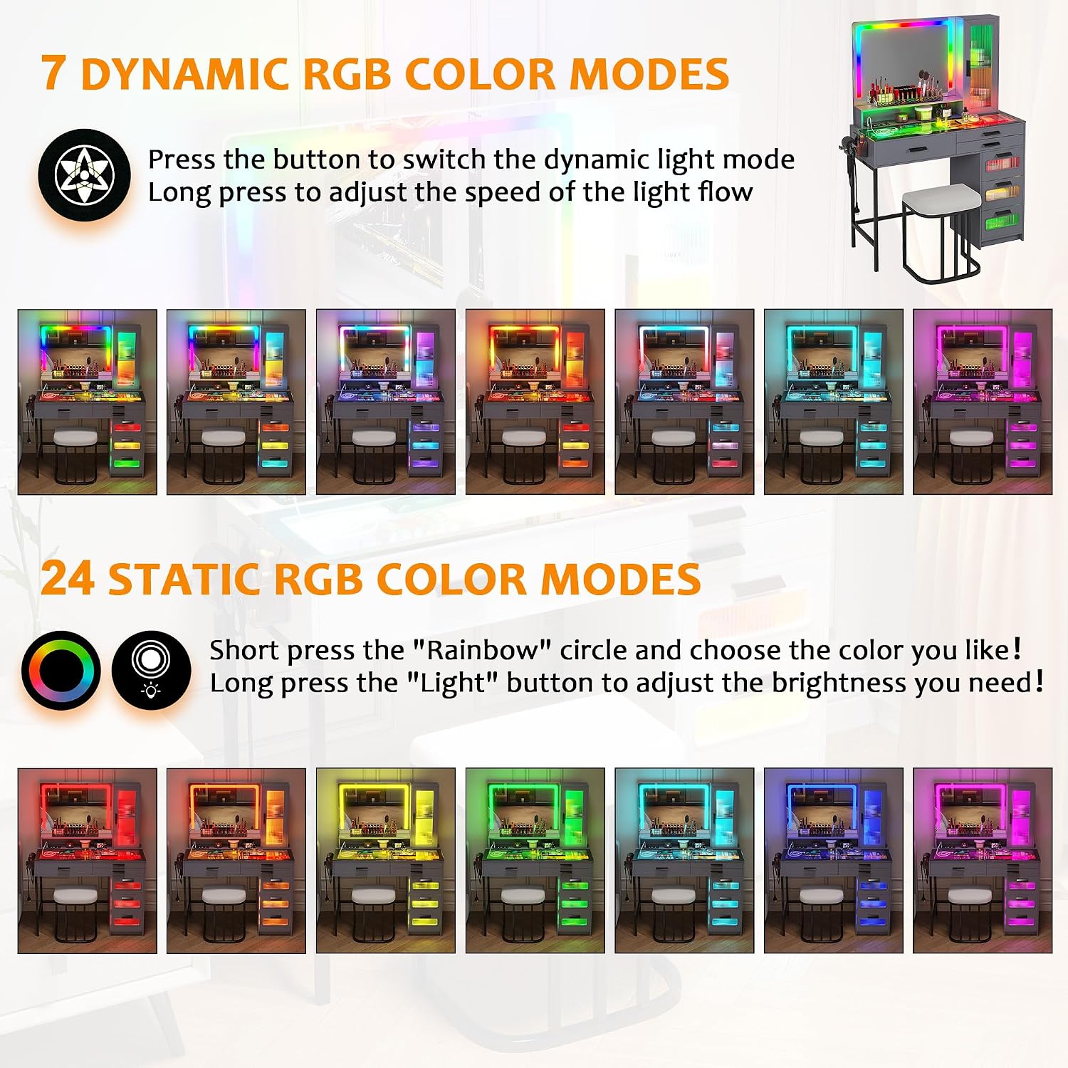 WOOVIVS Vanity with LED Mirror, Makeup Desk with 24 RGB Atuo Lighted Drawers for Bedroom, Glass Top Vanities Table Set with Wireless Charging Station, Chair,Jewelry Organizer for Girls/Women (Grey)