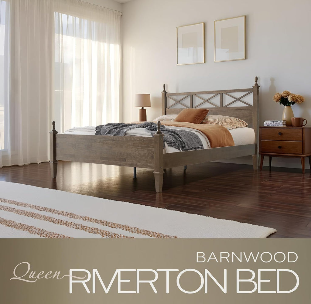 Queen Size Platform Bed Frame, Solid Wood with Headboard & Footboard, Center Metal Legs, 12 Strong Slatted Base, Anti-Noise & Slip-Free, Easy Assembly, No Box Spring Needed, Barnwood Finish RIQ-30