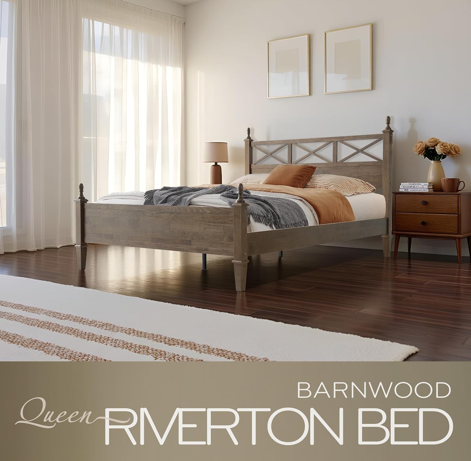 Queen Size Platform Bed Frame, Solid Wood with Headboard & Footboard, Center Metal Legs, 12 Strong Slatted Base, Anti-Noise & Slip-Free, Easy Assembly, No Box Spring Needed, Barnwood Finish RIQ-30