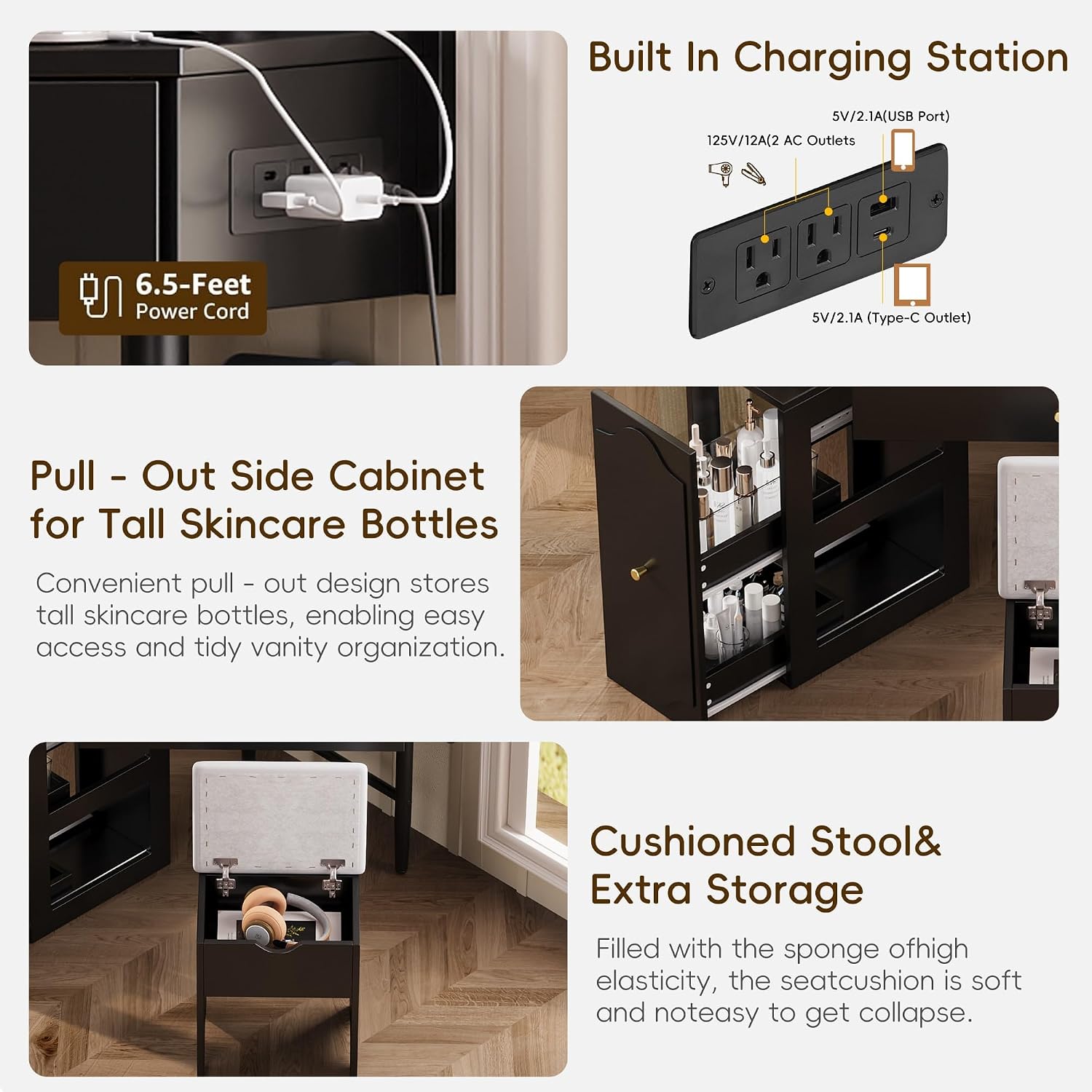 Corner Vanity Desk Set with Storage Cushioned Stool and Charging Station, Triangle Makeup Desk with Removable Pull-Out Side Cabinet, Glass Tabletop, Drawer and Shelf (Black)