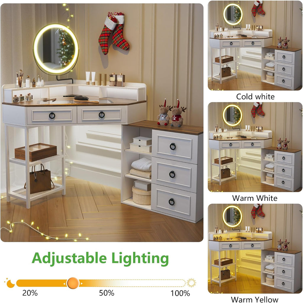 WOOVIVS Corner Vanity Desk with Lighted Rotating Mirror, Glass Top Makeup Table with 5 Drawers, Small Vanitys with Charging Station,Jewelry Organizers for Bedroom,White