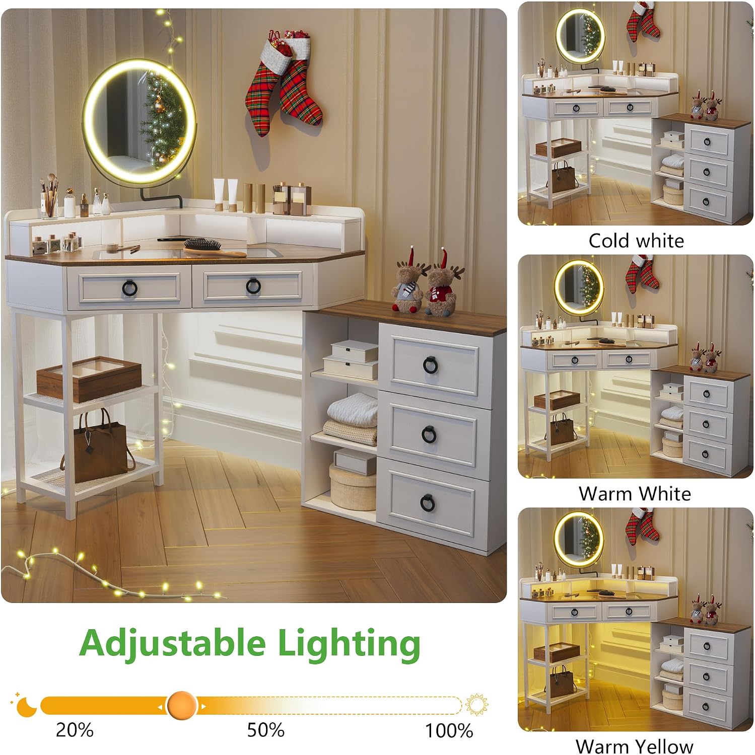 WOOVIVS Corner Vanity Desk with Lighted Rotating Mirror, Glass Top Makeup Table with 5 Drawers, Small Vanitys with Charging Station,Jewelry Organizers for Bedroom,White