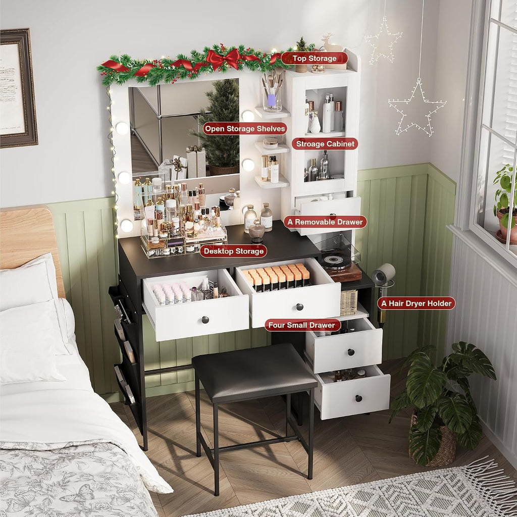 YIKEHOME Small Vanity Desk with Mirror and Lights, Girl Vanity Set with 3-Colour Light and Stool, Makeup Table with Drawers & Cabinet for Bedroom, White (005 White & Black, Large)