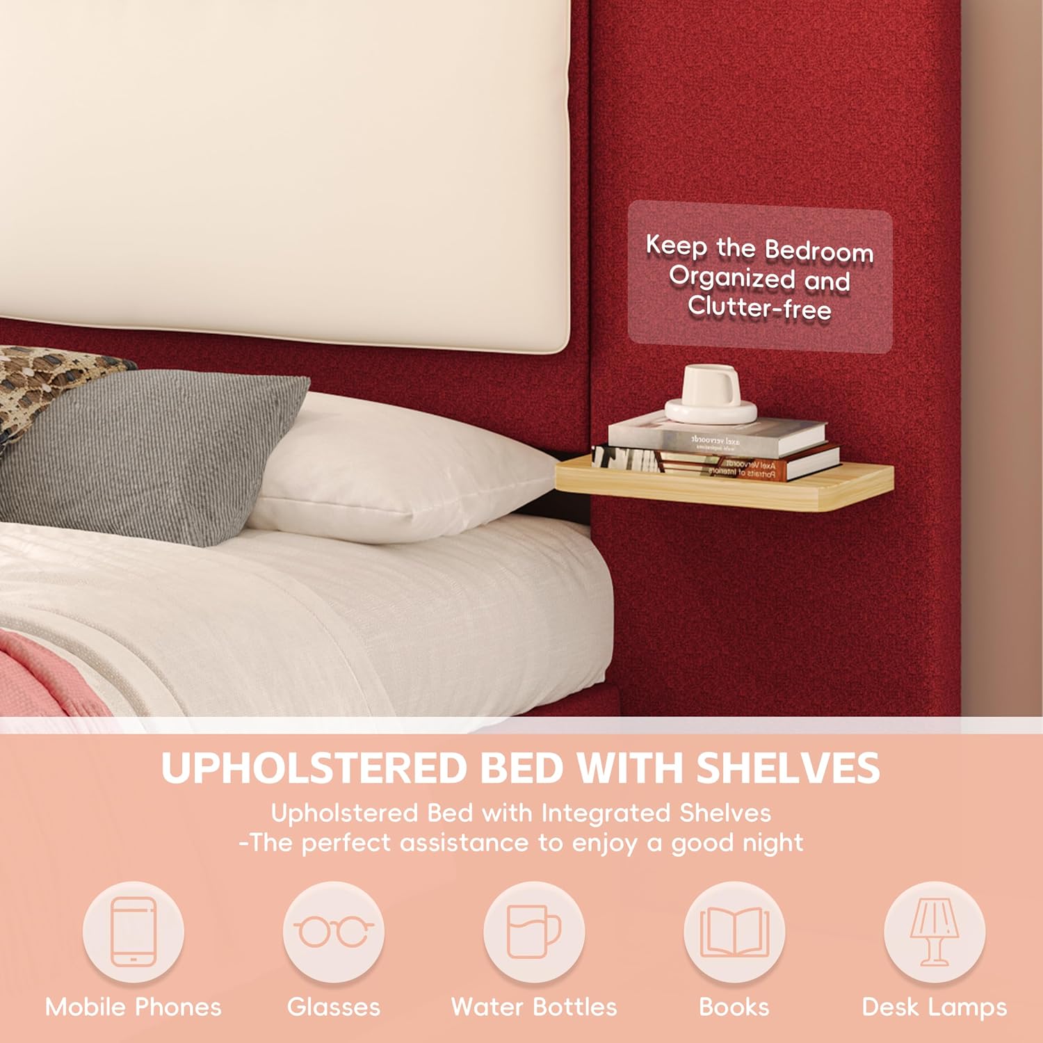 Luxury Bed Frame with Nightstands Modern Bedroom Set, Red Queen Size Floor Platform Bed with Oversize Soft Upholstered Tall Headboard Bedframe, No Box Spring Needed (Red, Queen)