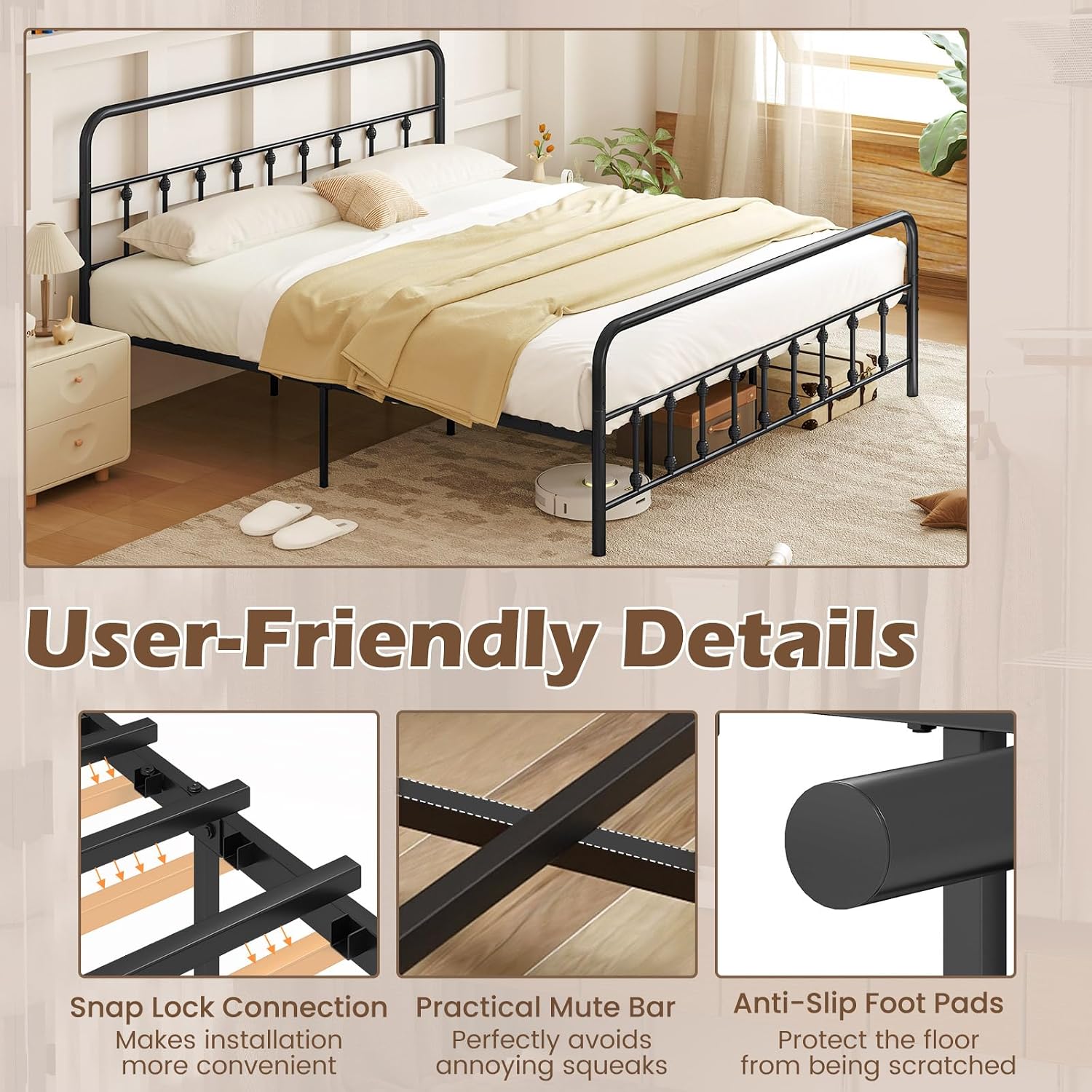 Giantex King Size Metal Platform Bed Frame, Victorian Style King Platform Bed with Headboard & Footboard, Heavy Duty Mattress Foundation, 1100 lbs Capacity, No Box Spring Needed, Noise-Free, Black