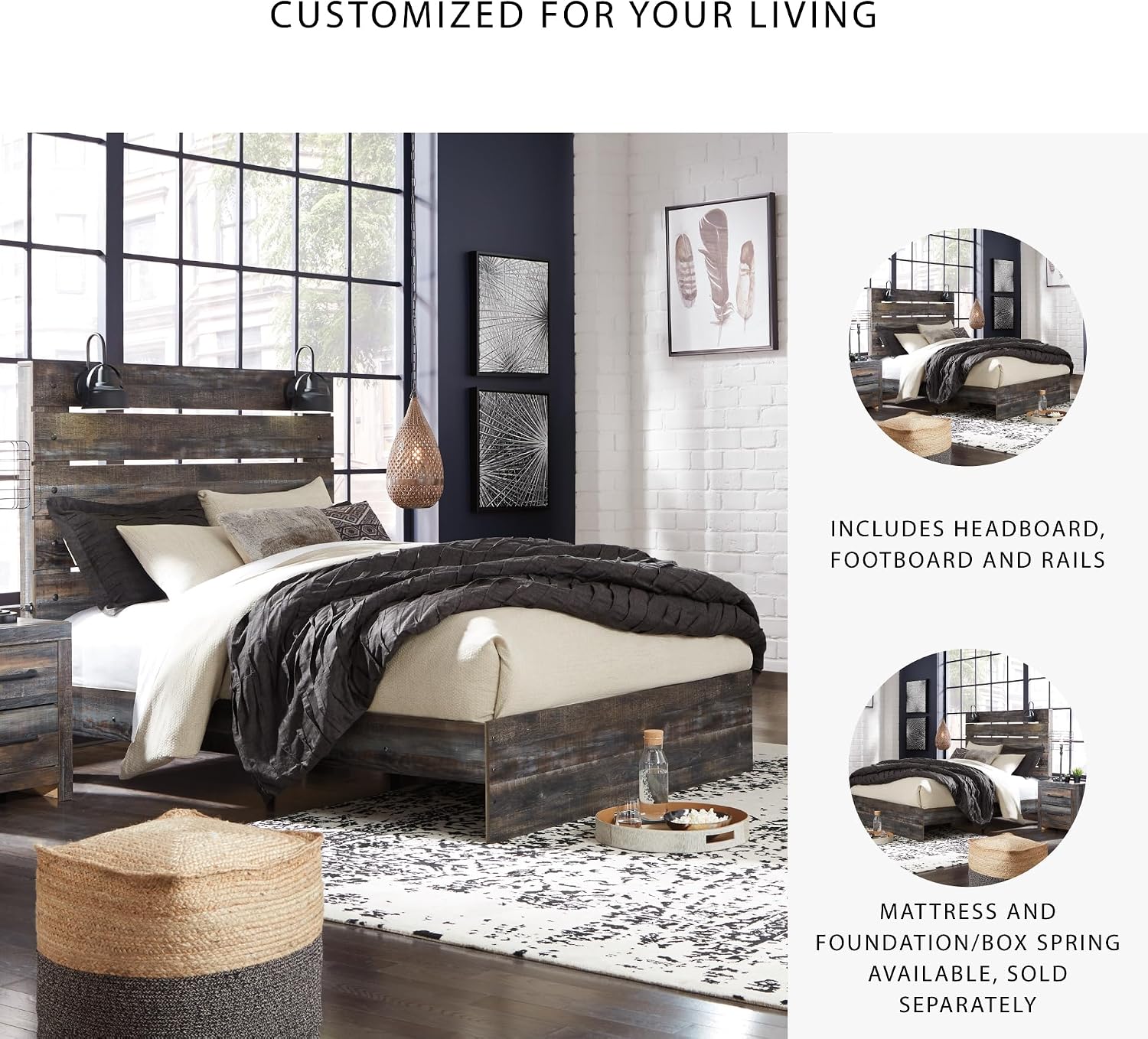 Signature Design by Ashley Drystan Rustic King Panel Bed with Sconce LED Lights, USB Ports and Nailheads, Foundation or Box Spring Needed, Dark Brown & Gray