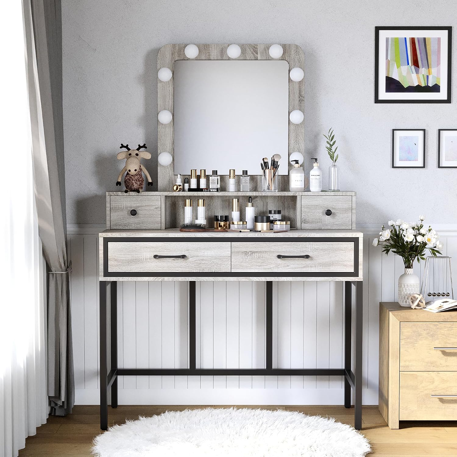 SUNVIVI Vanity, Makeup Vanity Desk with 3 Color Dimmable Lighted Hollywood Mirror, Grey Vanity with 4 Drawers, Large Dressing Table for Women Girls