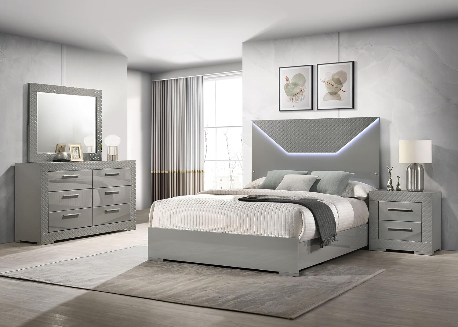 Coaster Home Furnishings Ives Contemporary 4-Piece Bedroom Set Eastern King Size LED Panel Bed Frame 57-inch Headboard Grey High Gloss 224971KE-S4
