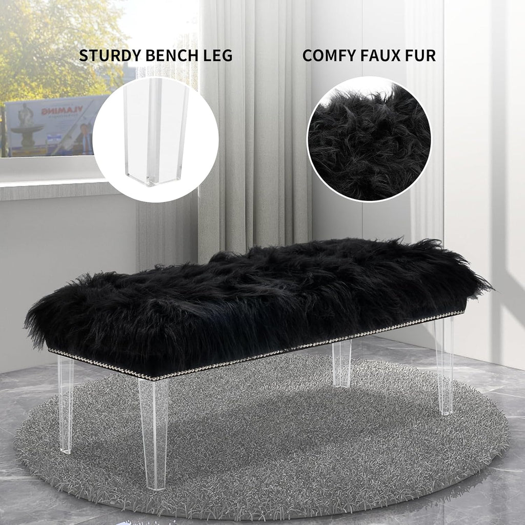 46 Inch Black Bedroom Bench, Benches for Bedroom White Faux Fur Upholstered Bed end Bench, Tufting Bench Indoor Bench with Acrylic Legs for Living Room Bedroom Dining Room Entryway