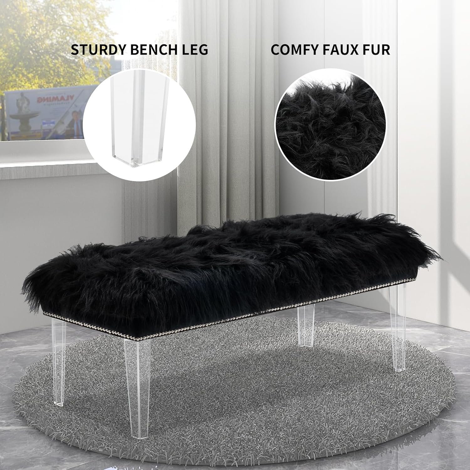 46 Inch Black Bedroom Bench, Benches for Bedroom White Faux Fur Upholstered Bed end Bench, Tufting Bench Indoor Bench with Acrylic Legs for Living Room Bedroom Dining Room Entryway