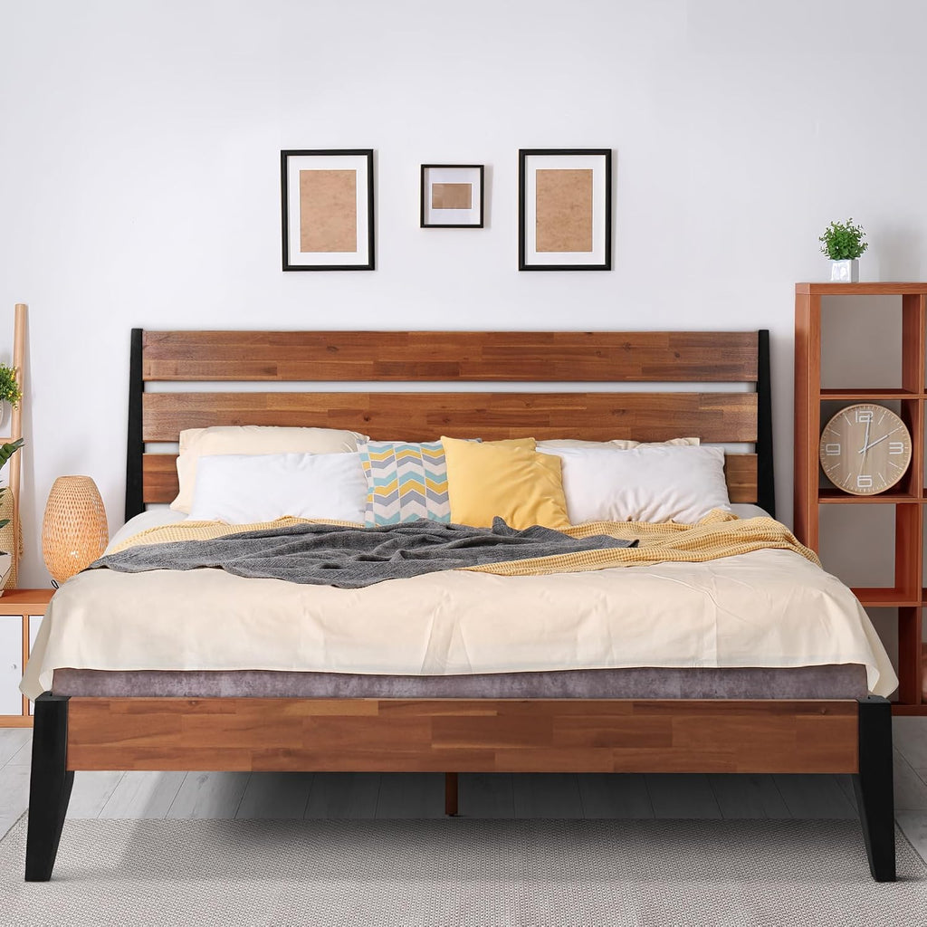 Acacia Emery Bed Frame with Headboard 100% Solid Wood Platform Bed, Scandinavian Bed Style with All Mattresses, Non-Slip and Noise-Free, 30 Mins Assembly, Queen Size Bed Frame, Americano