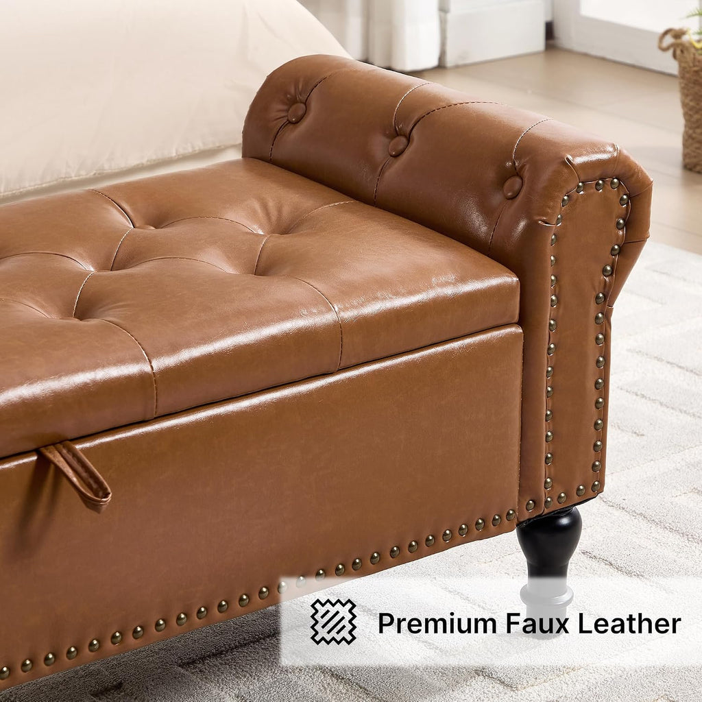 Storage Bench for Bedroom, 51' Upholstered End of Bed Bench, Faux Leather Queen Size Benches with Rolled Arms, Tufted Button Storage Long Ottoman, Living Room, Entryway, Brown