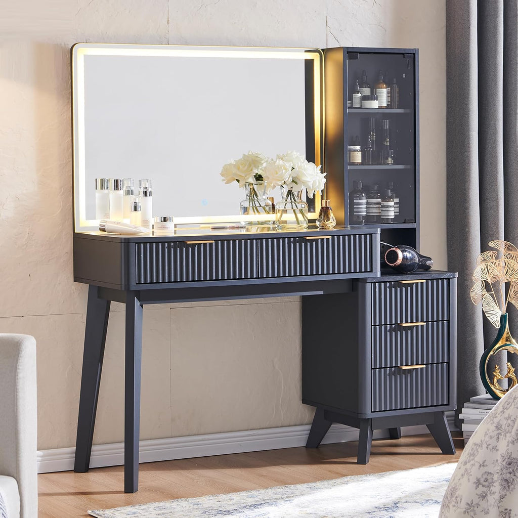 T4TREAM 48' Fluted Makeup Vanity Desk with Large 36' Mirror and Lights, Modern Glass Top Big Vanity Table with 5 Drawers & Adjustable Shelf, Dressing Table w/Charging Station for Bedroom, Dark Grey