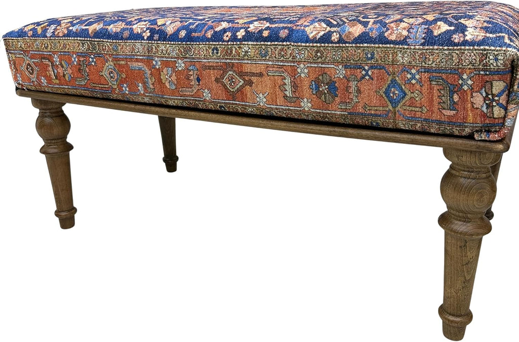 Boho Turkish Rug Upholstered Wood Ottoman Bench, Piano Bench, Blue Decorative Entryway Bench, Bedroom Ottoman, Kitchen Dining Bench, Footstool Ottoman Handmade (18x18X36, Blue Floral)