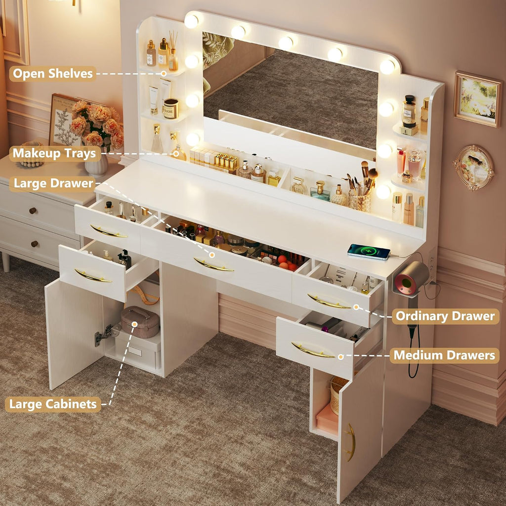 Large Vanity Desk with Mirror and Lights, 50' Wide Makeup Vanity Table, 3 Lighting Modes, Built-in Power Outlet, 5 Drawers & 2 Cabinets, Spacious 23.6' Legroom, Milky White