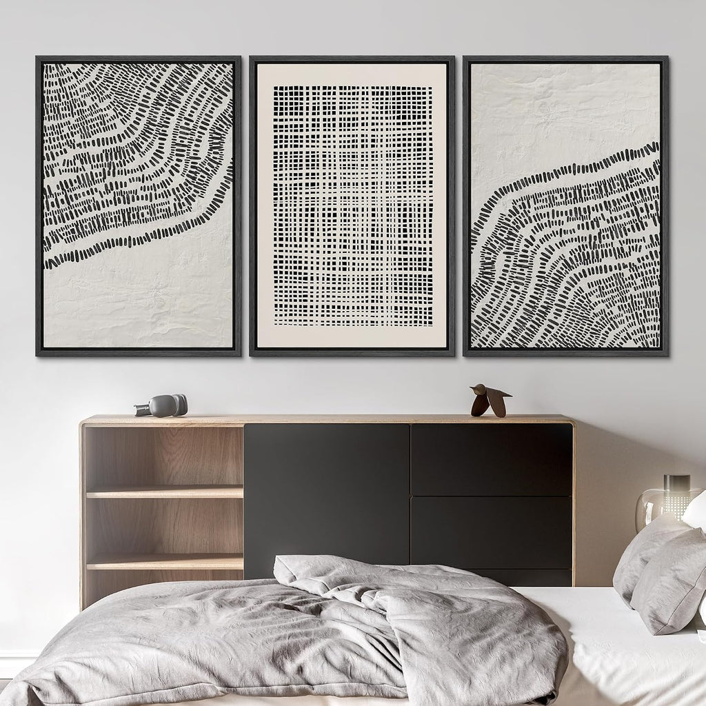 SIGNLEADER Framed Canvas Print Wall Art Set Minimalist Black and White Geometric Abstract Pattern and Line Illustrations Boho Decorative for Living Room, Bedroom, Office - 24'x36'x3 BLACK