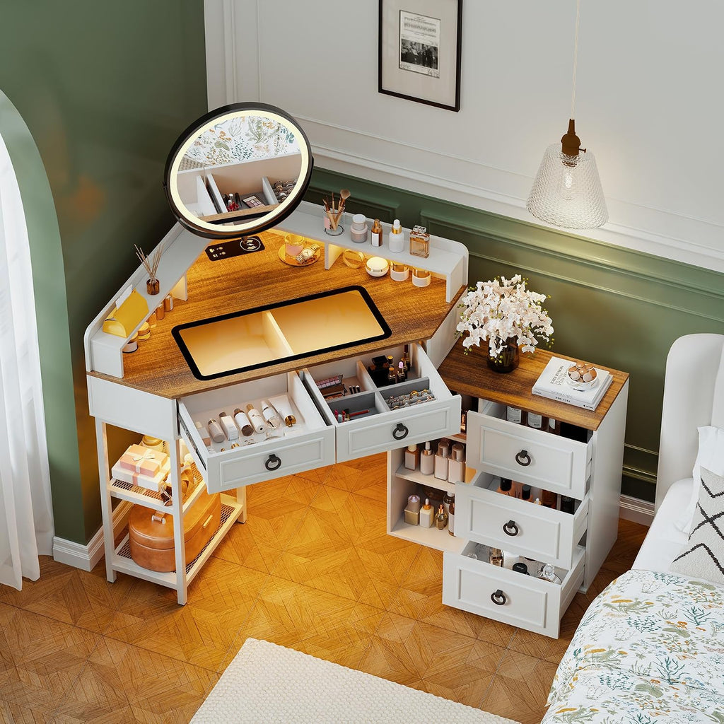 Lvifur Corner Vanity Desk with Mirror and Lights,White Corner Makeup Vanity with Charging Station, 3 Color Led Light Settings, 5 Drawers, and Open Shelves for Bedroom, Women, and Girls